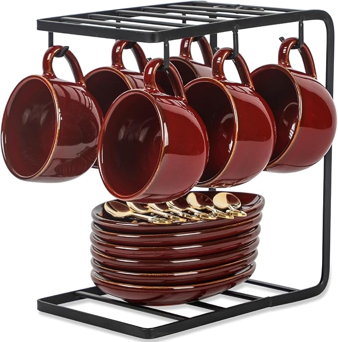 vicrays Ceramic Espresso Coffee Cups Set 4 oz Porcelain Espresso Cups with Saucers Spoons and Metal Stand for Tea Cafe Cappuccino Latte - Set of 6 - Cherry Red