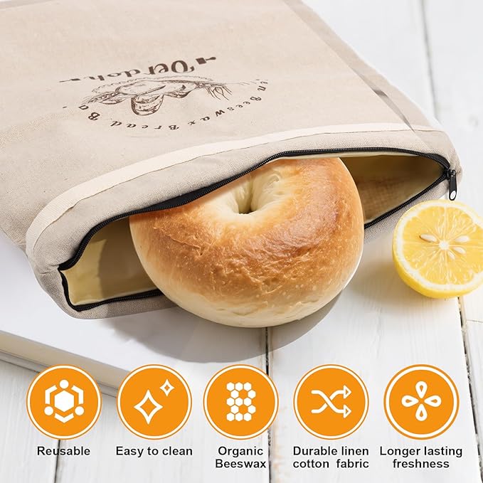 Bread Bags for Homemade Bread - 2 Packs XL Reusable Organic Beeswax Linen Cotton Sourdough Bag, Homesteading Essentials Sourdough Bags with Sealing Zip to Keep Fresh