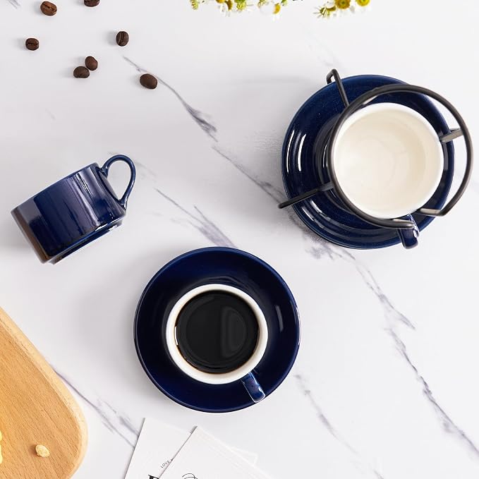 Espresso Cups Set of 4, 4oz Stackable Coffee Cups with Saucers and Metal Stand, Blue Demitasse Cups, Expresso Shots Cup Set