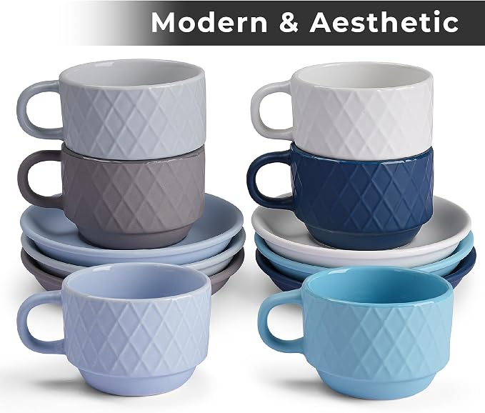 MIAMIO - 6 x 2.5 oz Stoneware Espresso Mug, Cup Set Modern with Stand and Saucers - Palmanova Collection (Ocean Blue)