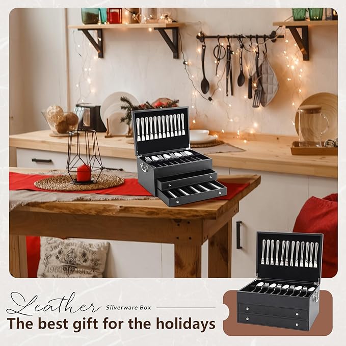 DoubleFill 3 Layer Leather Silverware Storage Box with Lid and Handles, Anti Tarnish Silverware Storage Chest Case with Felt-lined for 12-16 or More Sets of Utensils Flatware Gifts, 15.3x11.2x9 Inch