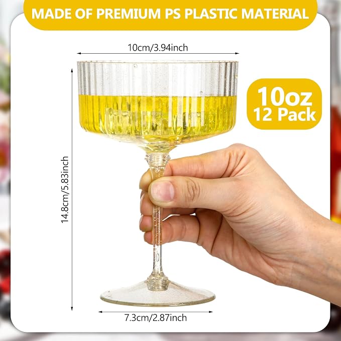 Jingmore 12 Pcs Ribbed Martini Glasses 10 oz Disposable Plastic Vintage Ribbed Coupe Glasses with Gold Rim Glitter Cocktail Unbreakable Dessert Parfait Glassware for Wedding Party Supplies (Clear)