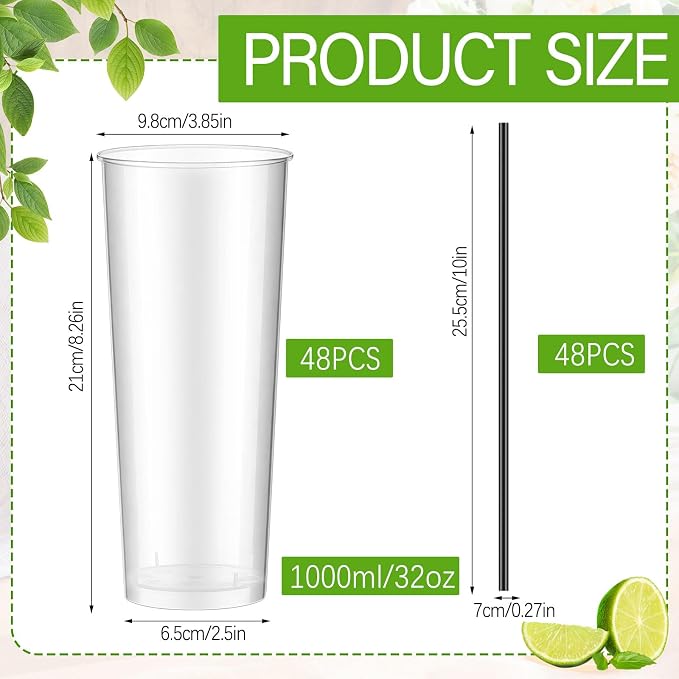 Plastic Highball Glasses with Straws(set of 48), 32 oz Shatterproof Drinking Cups, Tall Whiskey Collins Glass with Straws, Smoothie Tumbler Mojito Cocktail Cups for Wedding Fall Xmas Party