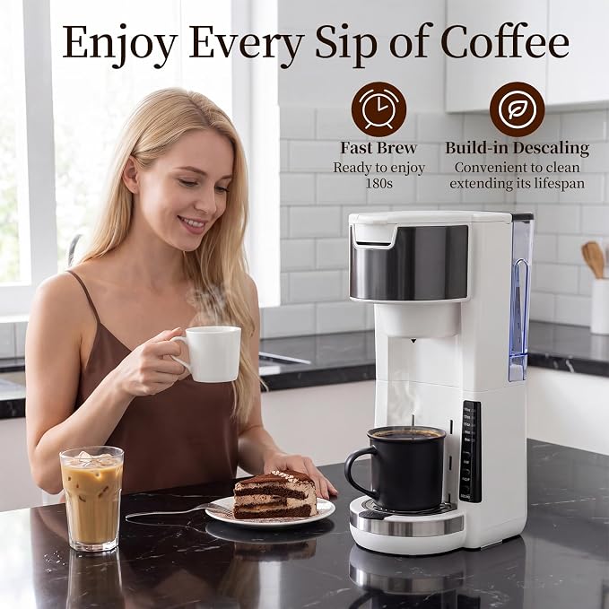 Single Serve Coffee Maker, 2 in 1 for Ground Coffee&Pods, 180s Rapid Brew with 5 Cup Sizes 6-14oz, Auto Shut Off, Small Compact Travel Coffee Machine for Home Office Camping