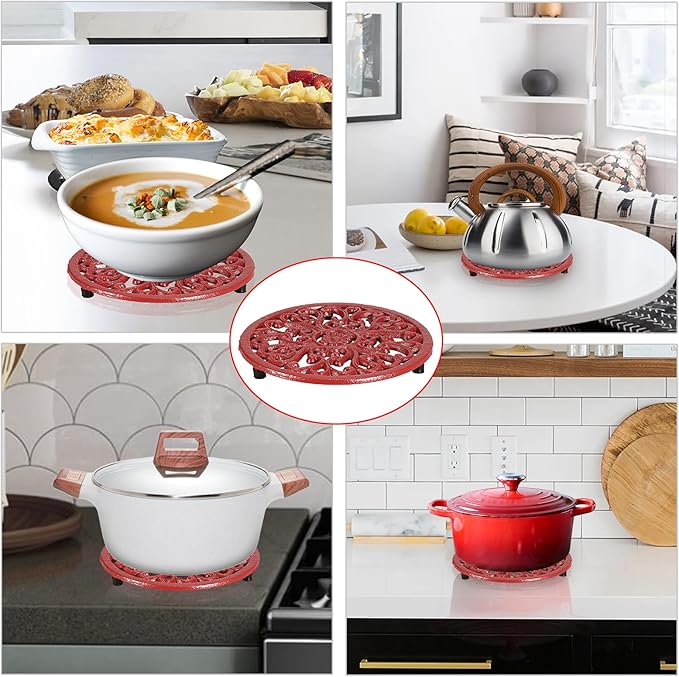 Sumnacon Cast Iron Trivet 2 Pcs 6.7 Inch Iron Trivet for Hot Dish Pot Pan Plate Teapot,Heat Resistant Cast Iron Trivets with Rubber Feets for Kitchen Dining Table Cooktop Stove,Retro Red