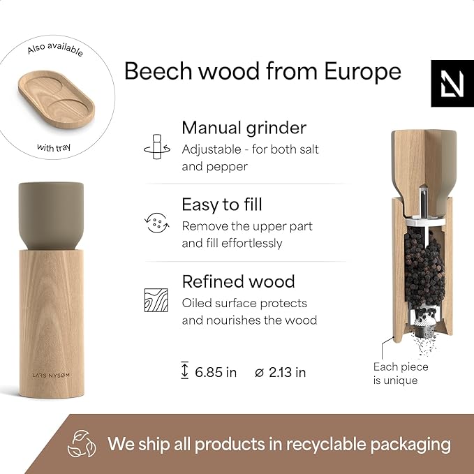 LARS NYSØM Wooden Salt and Pepper Grinder Set Manual - Salt and Pepper Mills with Adjustable Ceramic Grinder - Elegant Beechwood Pepper and Salt Mill Set for Dining Table (Taupe Brown)