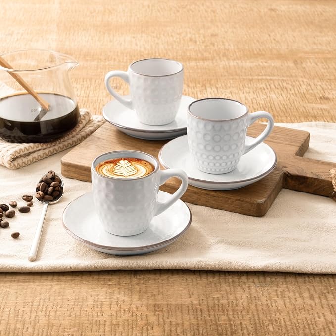 famiware Espresso Cups and Saucers Set of 4, 3 oz Ceramic Small Coffee Mug with Handle, Embossed Stoneware Demitasse Cup for Tea, Latte - Microwave & Dishwasher Safe - White Circle (Pack of 2)