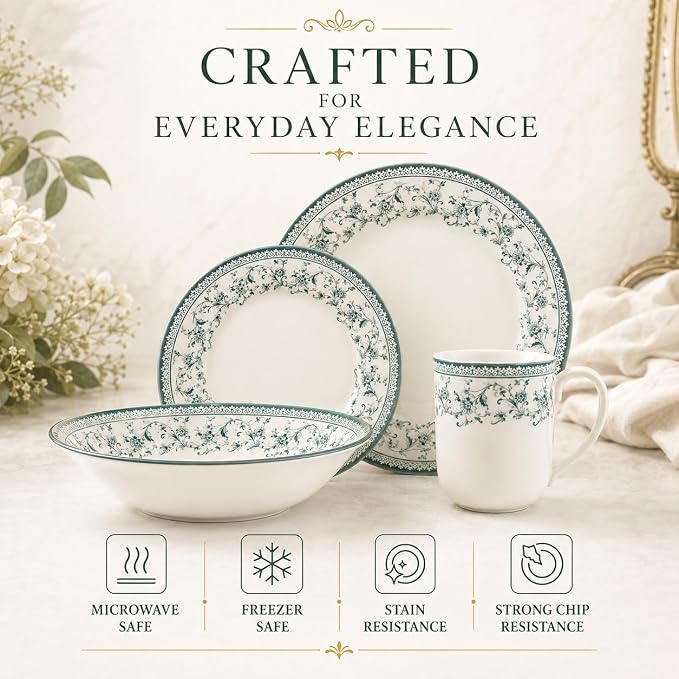 Tudor Royal 24-Piece Round Dinnerware Set, Service for 6, Aster Green Design, Red Floral, Plates Bowls Mugs Dishes, High Gloss Premium Quality