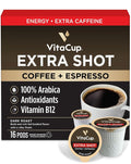 VitaCup Extra Shot Strong Coffee Pods, Bold & Intense Dark Roast w/Espresso Shot, High Caffeine, Vitamin B12, Antioxidants, Single Serve Pod Compatible w/Keurig K-Cup Brewers, 16ct