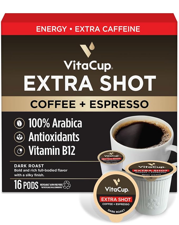 VitaCup Extra Shot Strong Coffee Pods, Bold & Intense Dark Roast w/Espresso Shot, High Caffeine, Vitamin B12, Antioxidants, Single Serve Pod Compatible w/Keurig K-Cup Brewers, 16ct