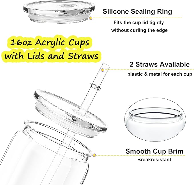 16 oz Clear Plastic Cups Reusable with Lids and Straws & DIY Sticker, 20Pack Acrylic Mason Jars Iced Coffee Drinking Glasses Cup for Park Picnic, Poolside, Party Giveaways
