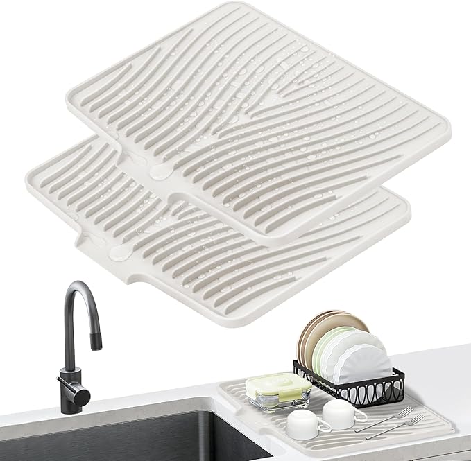 TIKNIK Silicone Dish Drying Mat, Stone Drying Mat for Kitchen Counter with Built-In Drain, Non-Slip Drain Pad with Built-in Drain, Heat Resistant Stone Drying Mat, Hangable, Cream-2pcs, 16" x 12"