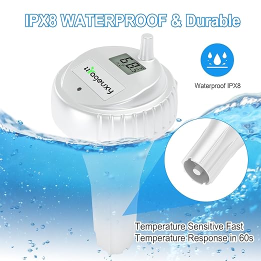 Urageuxy Wireless Digital Pool Thermometer, 328ft Remote Floating Thermometer with Backlit Display for Pool, Hot Tub, Spa and Cold Plunge