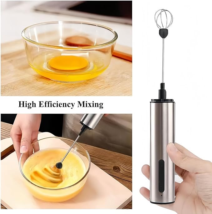 Rechargeable Milk Frother Wand with 3 Independent Speed Buttons, Handheld Electric Whisk with 5 Attachments for Coffee, Lattes, Matcha, Kitchen Gift, Stainless Steel Silver