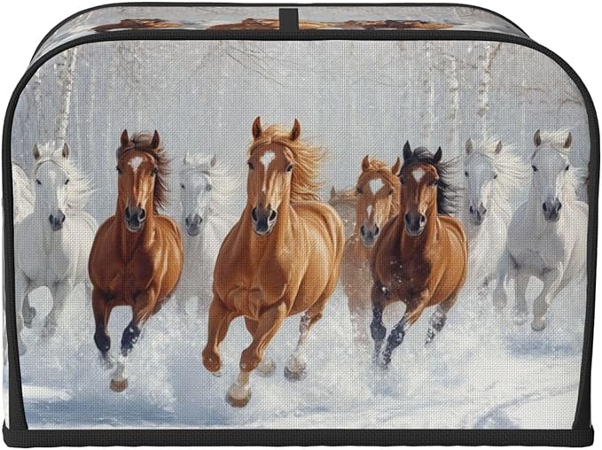 4 Slice Toaster Cover for Kitchen Horses Snow Winter Waterproof and Dustproof Oxford Fabric Toaster Dust Cover with Side Pockets Decorative Universal Cover for Wide Slot Toasters and Small Appliances