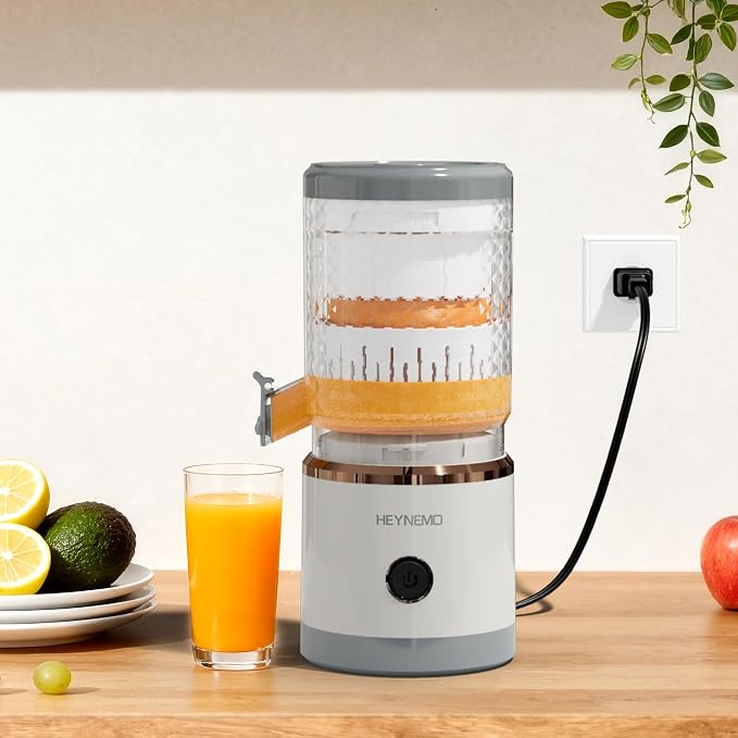 Heynemo Electric Citrus Juicer, 90W Automatic Juice Squeezer with High-Speed 15,000 RPM, Ideal for Lemon, Orange, Soft Fruits, and Grapefruit, Compact and Easy to Clean, Includes Cleaning Brush，Grey