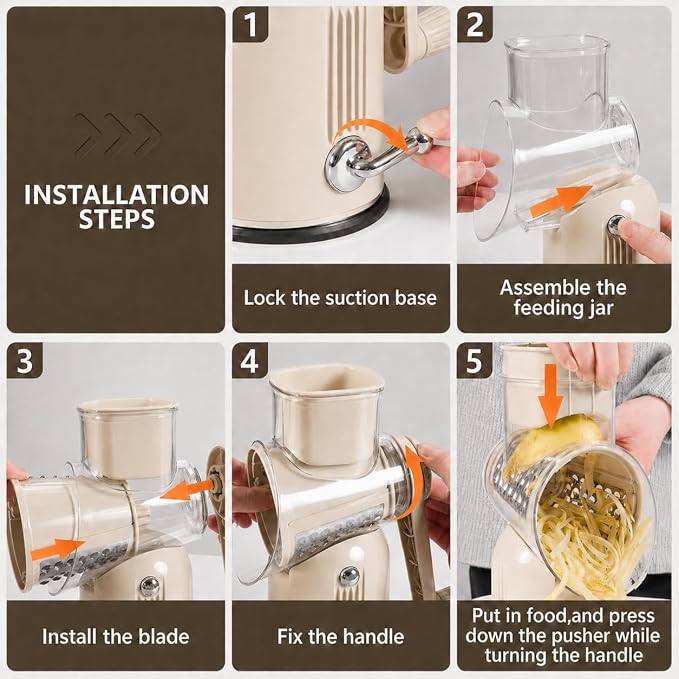 5 in 1 Rotary Cheese Grater with Hand Crank, 5 Replaceable Blades, Strong Suction Base, Multi-Functional Vegetable Slicer Shredder Chopper with Blade Storage Box for Fruit Vegetables Nuts (Beige)