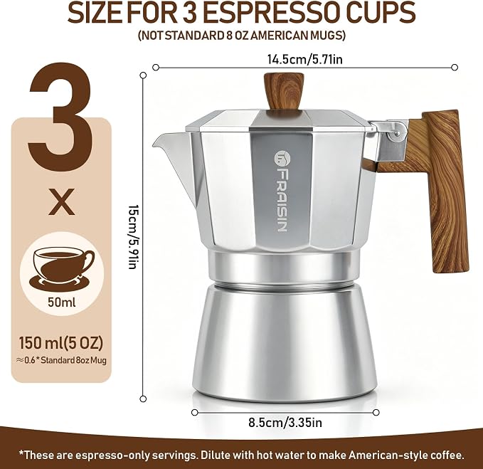 Stovetop Espresso Moka Pot Coffee Maker, Non-slip Wood Grain Handle, Cast Aluminum, Compatible with Gas, and Electric Stoves (Silver, 3 cups)