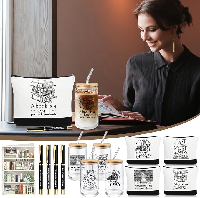 16 Pcs Books Club Gifts Book Lovers Gifts for Women Blind Date with a Read Include 16 oz Glass Cup Canvas Makeup Bag Ballpoint Pen Card for Librarian Reader Bookish Teacher