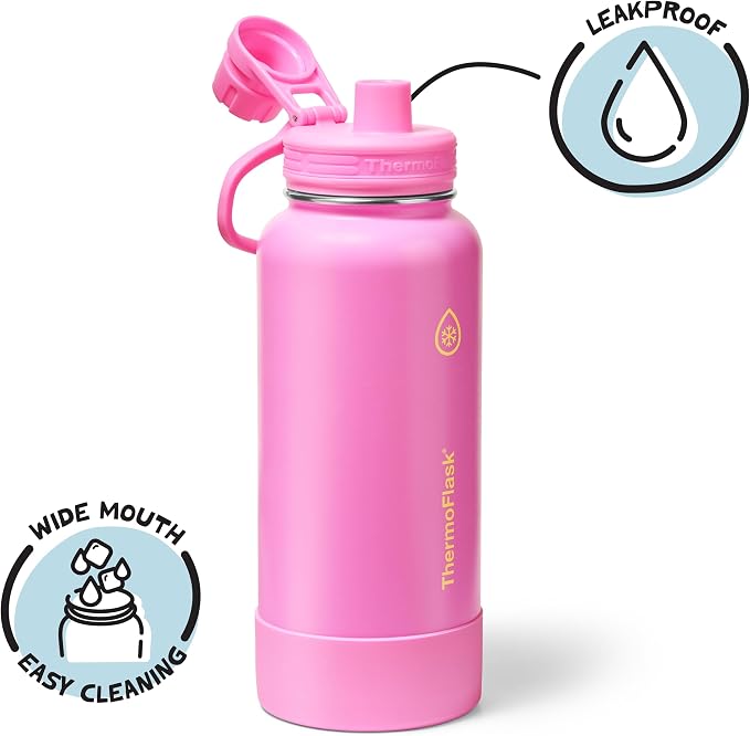 ThermoFlask Insulated Water Bottle with Spout Lid (32 oz, Shocking Pink) - Leakproof, Stainless Steel Water Bottle for Cold & Hot Drinks, Travel & Daily Hydration