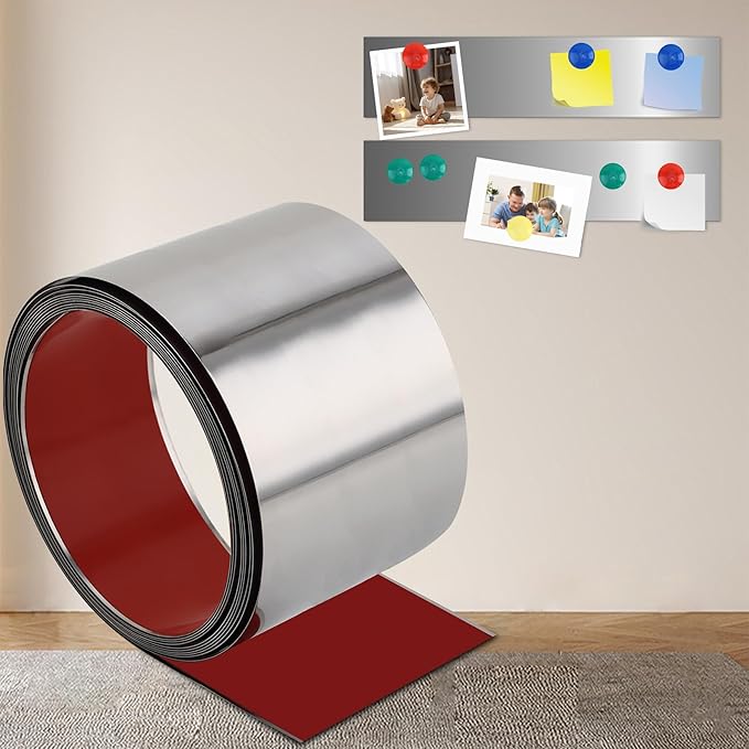 QDYMXUN Self Adhesive Backing Metal Strip for Magnets, Flexible Ferrous Memo Tapes Roll for Bulletin Boards in Studio, Office, School (Glossy Silver, 118''L x 4.72''W)