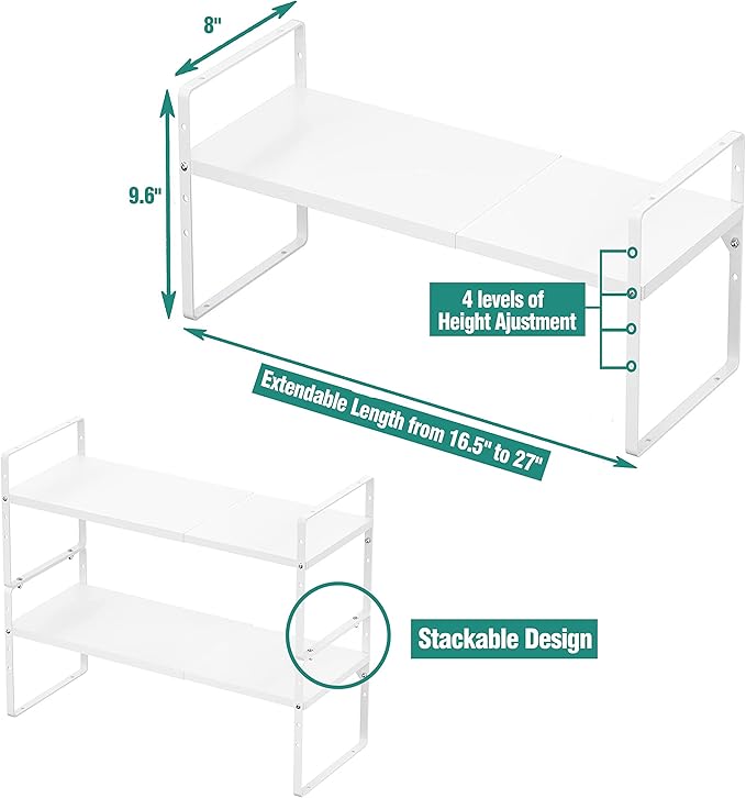 SUZLON Expandable Cabinet Shelf Organizer Rack, Stackable Kitchen Counter Storage Shelves Stand, Adjustable Height Pantry Shelf Spice Rack, Heavy Duty Nonslip White Small 1Pack