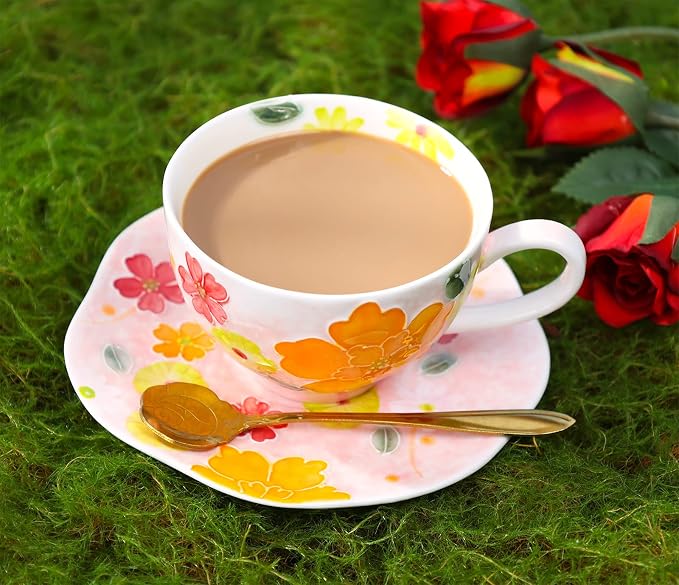 Noviko Flower Coffee Mug with Saucer Set Ceramic Tea Cup Flower Mugs for Women 8 oz