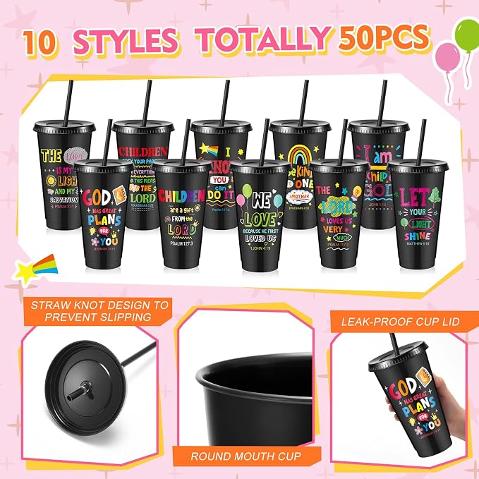 Uiifan 50 Pcs VBS Christian Cups Bulk for Kids, Religious Plastic Tumblers with Bible Verses, Sunday School and Church Gifts, Reusable Cups with Lids and Straws (Black)