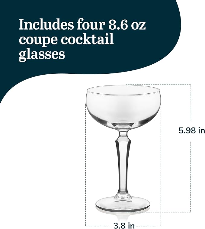 Libbey Capone Coupe Cocktail Glasses, Vintage Style, Diamond Cut Coupe Martini Glasses Set of 4, Traditional Cocktail Glass Set, Champagne Glasses