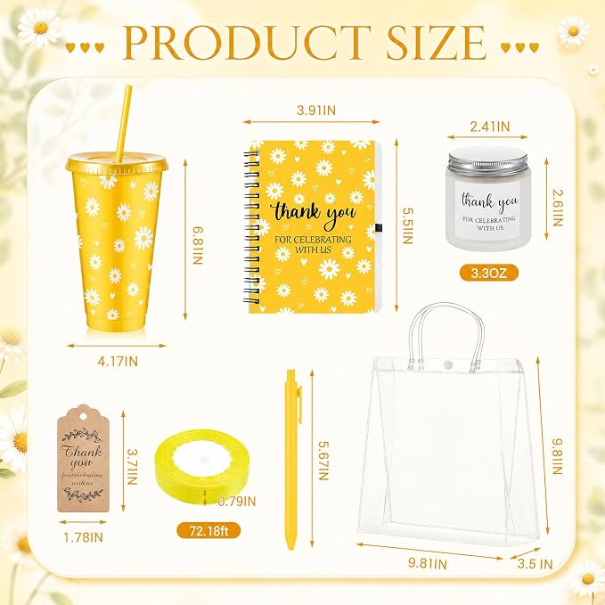 Nuogo 6 Sets New Parent Shower Prizes for Player Winners Adult, Wedding Bridal Shower Gift, Plastic Tumbler Notebook Scented Candle Ballpoint Pen Bag (Yellow Color,Daisy Style)