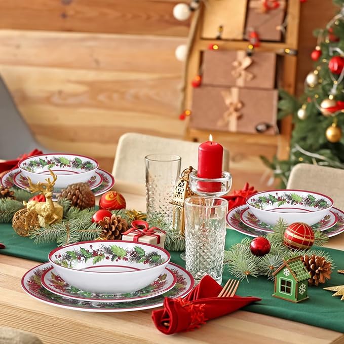 12-Piece Christmas Melamine Dinnerware Set,Holiday Dishes Set，White & Green | Lightweight & Stackable for Home&Party plates,Plate and Bowl Sets Ideal for for Indoor Outdoor Use -Christmas Garland