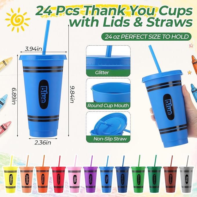 Feifeiya 72 Pcs/24 Set Color the World Gift Bulk 24 oz Rainbow Crayon Themed Tumblers with Lids and Straws Motivational Pens Inspirational Notepads Stationery Set Plastic Cups