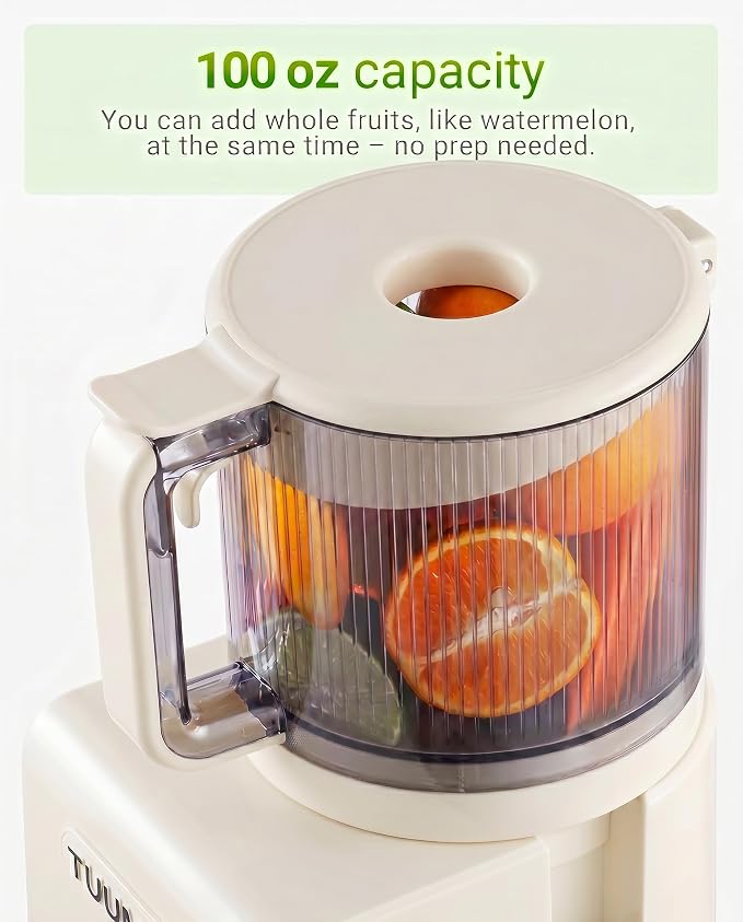 Cold Press Juicer Machine, 6.5" Large Feed Chute Masticating Extractor, Easy to Clean for Whole Fruits & Vegetables, High Yield, White