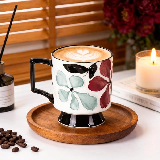 KAMMAK Ceramic Mug - Hand-Painted Coffee and Tea Mug - 450ML Vintage Breakfast Cups - Cute Mugs for Women - Ideal for Birthday - Afternoon Tea & Housewarming Gifts, GX012