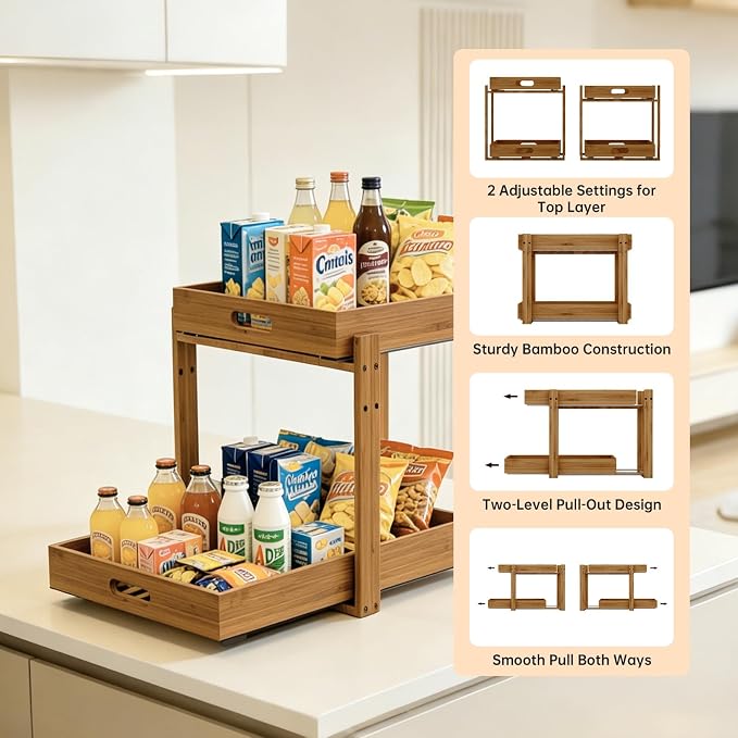 Under Sink Organizer and Storage - 2-Tier Bamboo Kitchen Cabinet Shelf with Adjustable Levels, Undersink Organization Slide Out for Bathroom Cabinet Pantry Brown