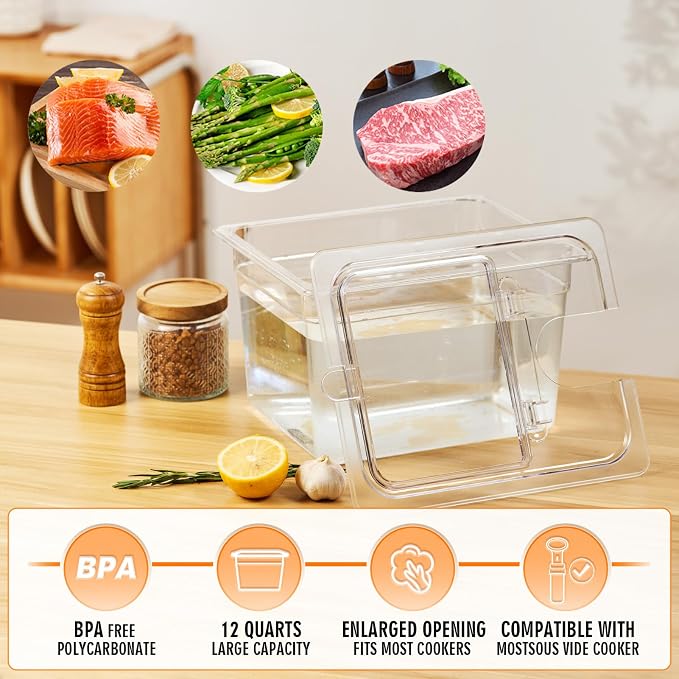 HOMENOTE Sous Vide Container 12 Quart with Universal Collapsible Hinged Lid,Sous Vide Accessories Kit BPA Free,Compatible with Anova and Most Sous Vide Cookers