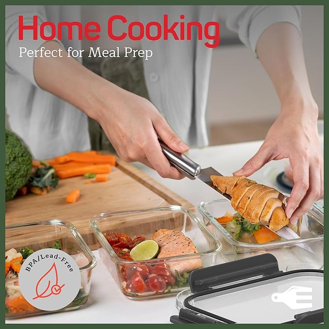Emporio Kitchen Borosilicate Glass Food Storage Containers with Lids 24 Pieces, BPA-Free Stackable Lunch & Leftover Containers, Microwave, Freezer & Dishwasher Safe, 100% Airtight Leak-Proof, Black