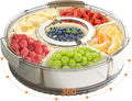 Divided Serving Tray with Lid and Handle, Stackable Snackle Box Container for Fruits Candy Organizer, Portable Spinning Rounded Veggie Tray for Kitchen, Party, Trave and Picnic-1 PACK