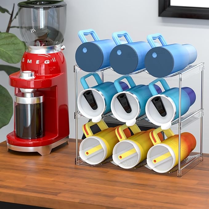 Yieach 2 Pack 2 Tier Waterbottle Organizer for Cabinet - Large Compartment Stackable Water Bottle Holder,Wine Bottle Rack,Acrylic Water Bottle Organizer Rack for 40 oz Stanley Cup,Yeti,Tumbler Shelf
