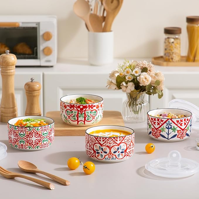 Ceramic Bowls Set with Lids: Set of 4 Microwave Safe Bowls for Soup Meal Prep Cereal Salad Fruit - Food Storage Containers with Lids for Work Lunch Pinic Camping - Pattern A1
