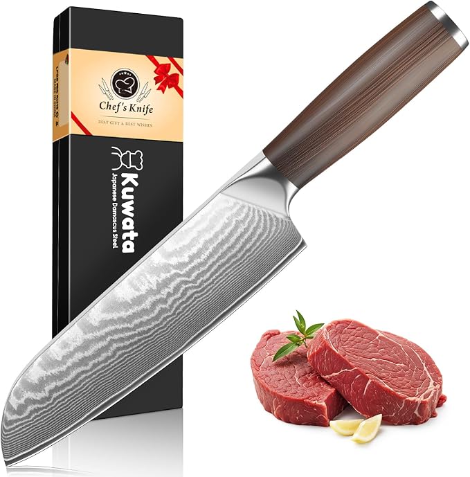 7 Inch Japanese Santoku Knife, Ultra Sharp High Carbon Stainless Steel Kitchen Knife, Professional Santoku Knives G10 Ergonomic Color Wooden Handle with Gift Box
