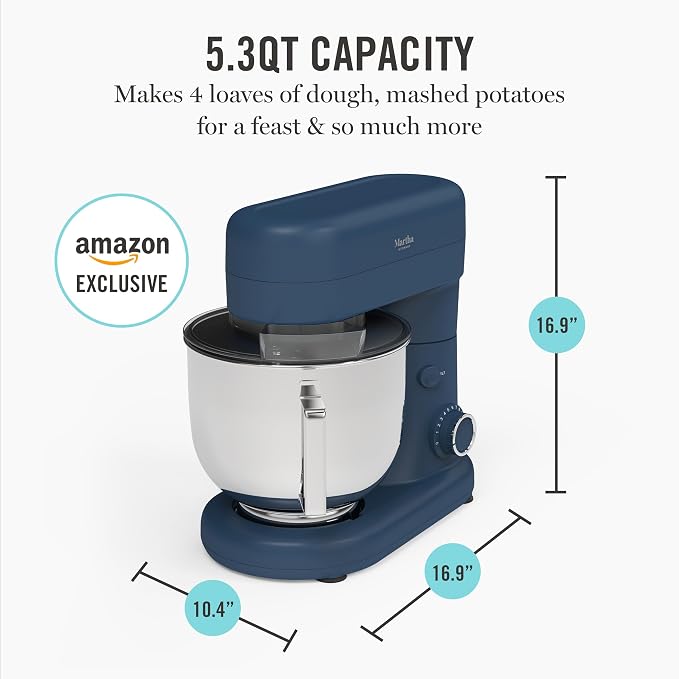Martha Stewart 5.3Qt Stand Mixer, 12-Speed Tilt-Head Electric Kitchen Mixer with Stainless Steel Bowl, Dough Hook, Whisk & Beater, Splash Guard, Ideal for Baking Bread, Cake & Whipping, Indigo Blue