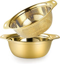 Colander 304 Stainless Steel 5-quart with Mixing Bowls, Strainer for Kitchen Food For washing vegetables, fruit, rice, Dishwasher Safe. (Gold 2PC)