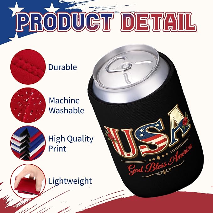 12 Pack 250 Years America Can Cooler Sleeves, Vintage 250th Anniversary USA Patriotic Neoprene Drink Holder for Memorial Day Independence Day 4th of July Party Favors Decorations Gifts