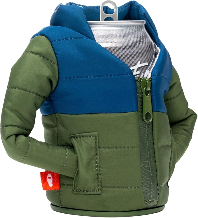 Puffin - The Puffy Jacket - Insulated 12 oz Can Cooler I Beer Bottle & Soda Can Insulator, Keep Drinks and Beverages Cold - Olive Green/Sailor Blue | Beer Bottle & Soda Can Insulator, Keep Drinks and Beverages Cold