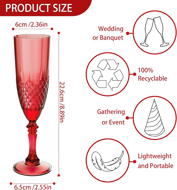 Plastic Champagne Flutes, Champagne Glasses Bulk, Reusable Unbreakable Acrylic Wine Glasses Goblets for Weddings Bachelor Parties Toasting Bridal Shower (48, Dark Red)