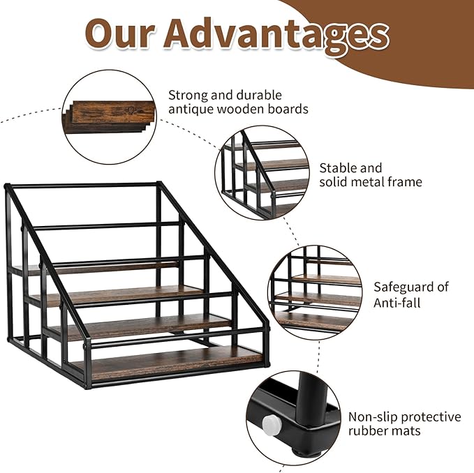 YQBRAO Coffee Syrup Rack Organizer,Liquor Bottle Display Shelf,Water cup display stand,Spice Rack Kitchen Cabinet Organizer,Rustic Brown,2 Packs 4 Tier 16 Bottle Coffee Syrup Holder
