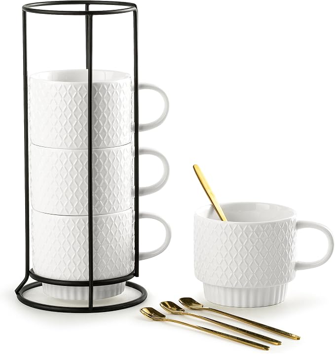 Gomakren Stackable Coffee Mugs Set with Stand, Coffe Cup with Tea Spoon 13 Ounce White Cups for Cappuccino Coffee Drinks Tea, Set of 4, Gift for Father Man Women 380ml