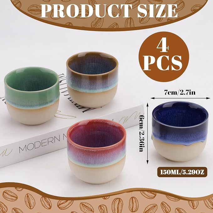 4 Pieces Handleless Porcelain Espresso Cups Set, 5 Oz Porcelain Espresso Mugs, Semi-Glaze Clay Demitasse Coffee Cups for Home Office Mocha Tea Machine (2.3" x 2.7", Colorful)