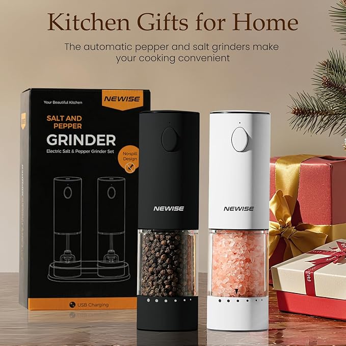 Electric Salt and Pepper Grinder Set, Adjustable Coarseness & LED Light, Rechargeable Large Capacity Stainless Steel Mill, Kitchen Appliances for Women Mom- Black/White